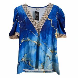 NWT | ETCYY Blue & Gold Marble Print Top | Crochet Lace V-Neck | Size Large